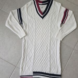 White Cable Knit Sweater Dress with Navy and Red Accents
